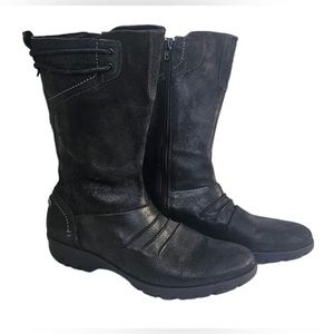 Merrell Boots Vera Mid Black Boots Combat SZ 9 Side Zip Pleated striped lining